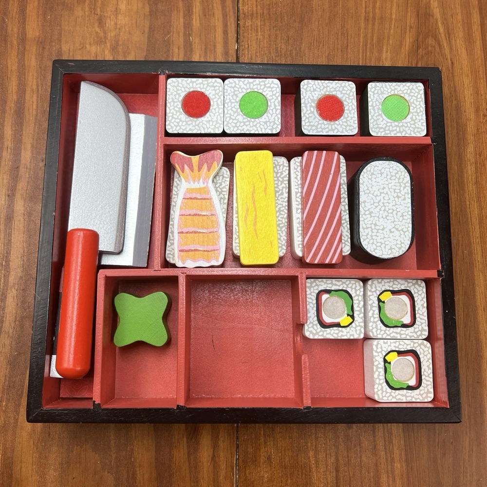 Melissa & Doug Wooden Sushi Play Food Set Tray Knife Play Chef Homeschool